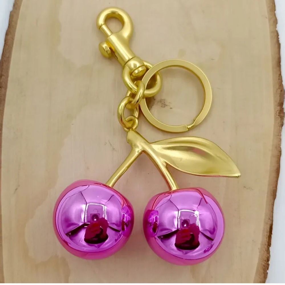 Gold and Pink Cherry Keychain